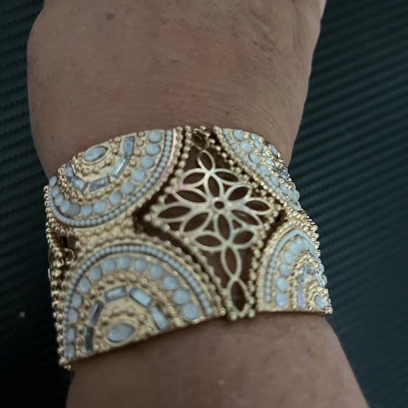 Francesca Collection, Gold Tone Open Work Design Stretch Bracelet 1 1/2” Wide - Picture 2 of 5